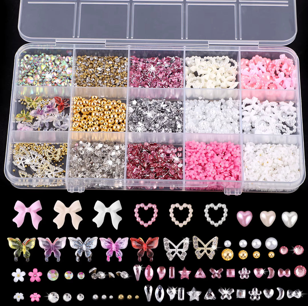 15-Grid Kawaii Nail Charms Set – Bows, Hearts, Flowers, Butterflies, Pearls & Rhinestones