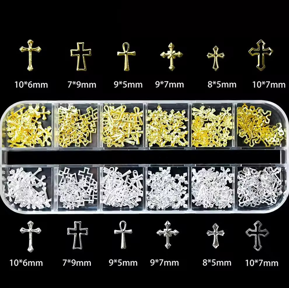 Cross Nail Charms Set - Gold & Silver Metal Nail Decorations
