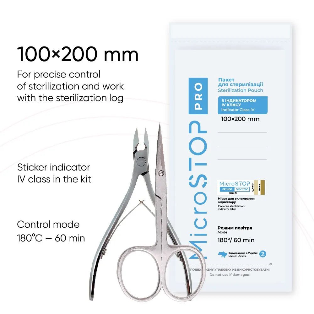 MicroSTOP PRO Sterilization Bags 100x200 (White) with 4 class sticker indicator, 100pcs - Level Up Beauty Supply