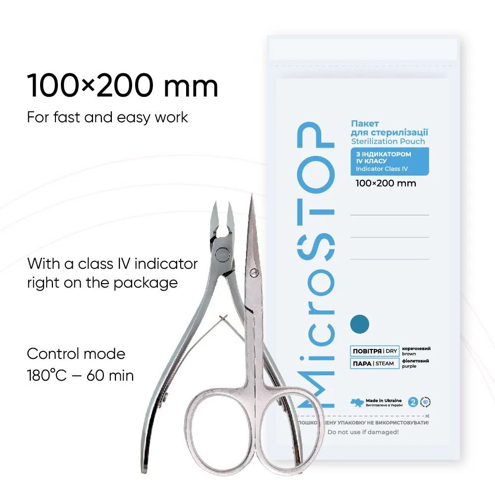 MicroSTOP Sterilization Bags 100x200 (White) with 4 class sticker indicator, 100pcs - Level Up Beauty Supply