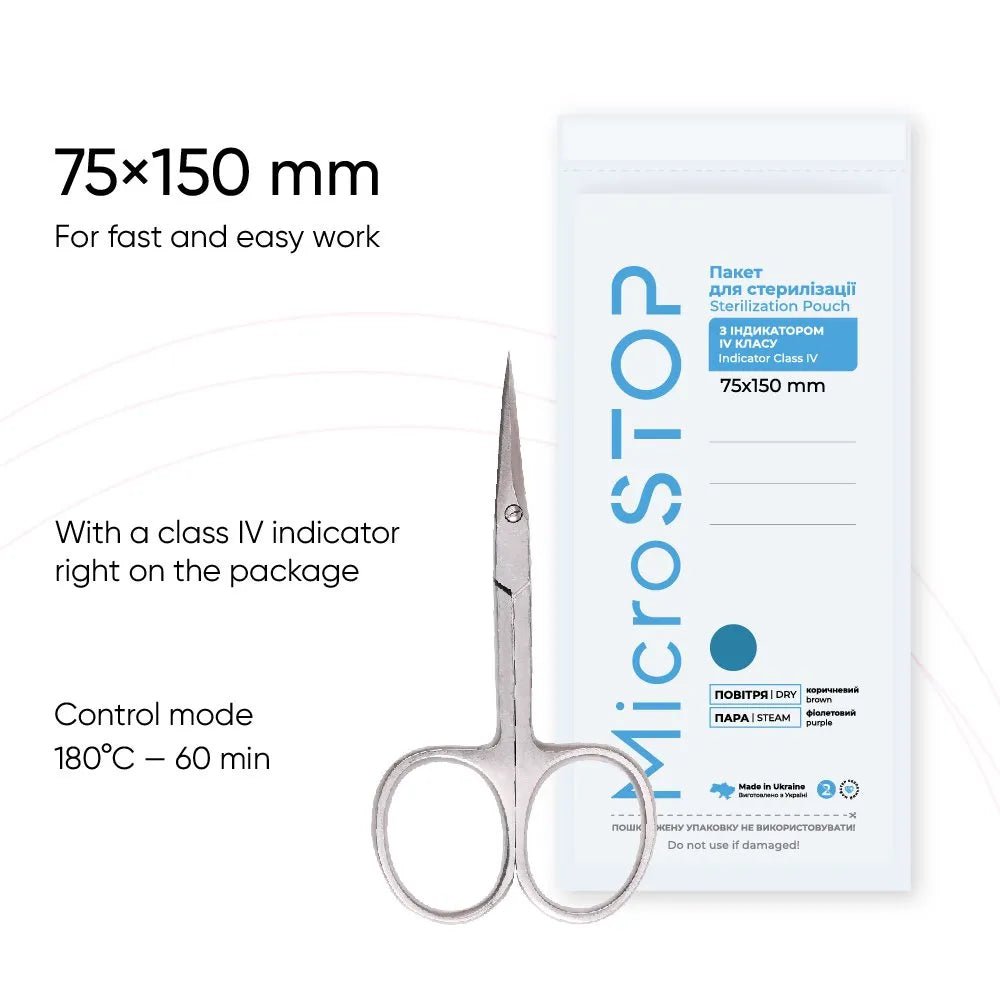 MicroSTOP Sterilization Bags 75x150 (White) with 4 class sticker indicator, 100pcs - Level Up Beauty Supply