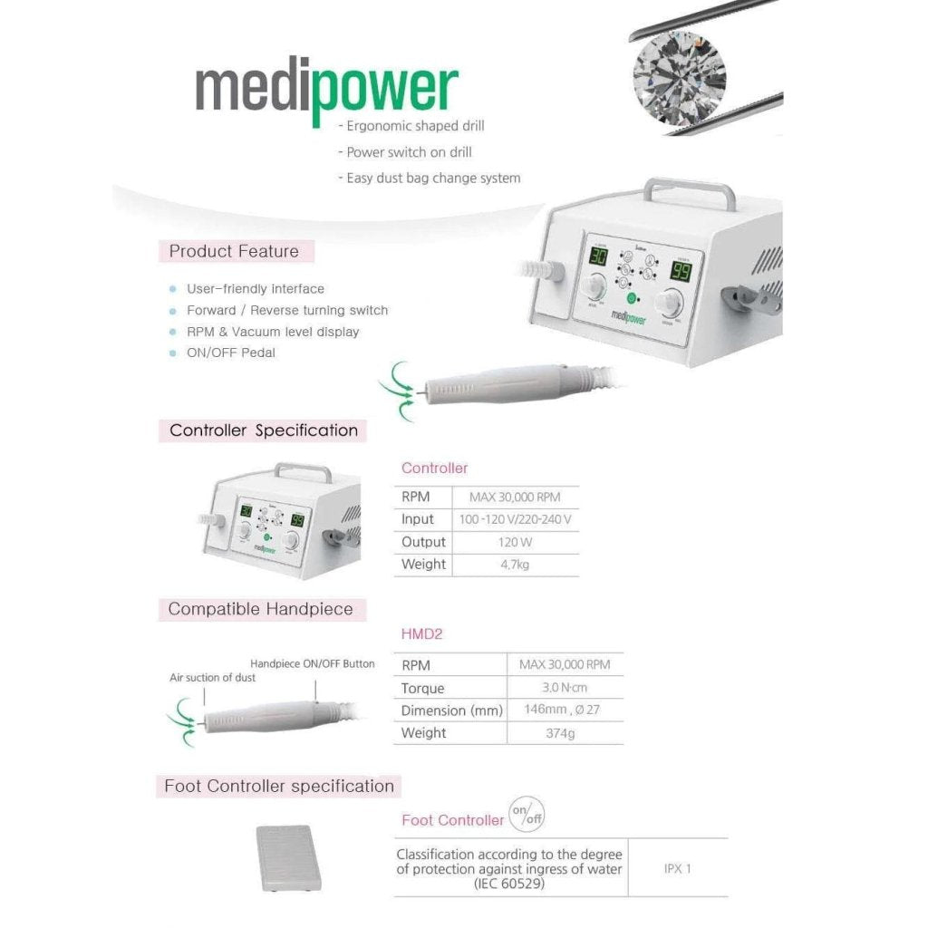 Saeshin MediPower Vacuum Pedicure Drill with HMD02 handpiece Original 30,000 RPM (Pre - order) - Level Up Beauty Supply