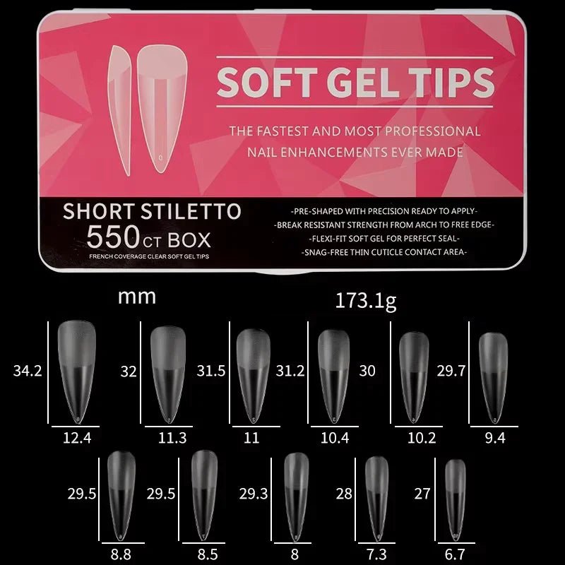 Soft Gel Nail Tips, S - Stiletto, 550pcs - Level Up Beauty Supply