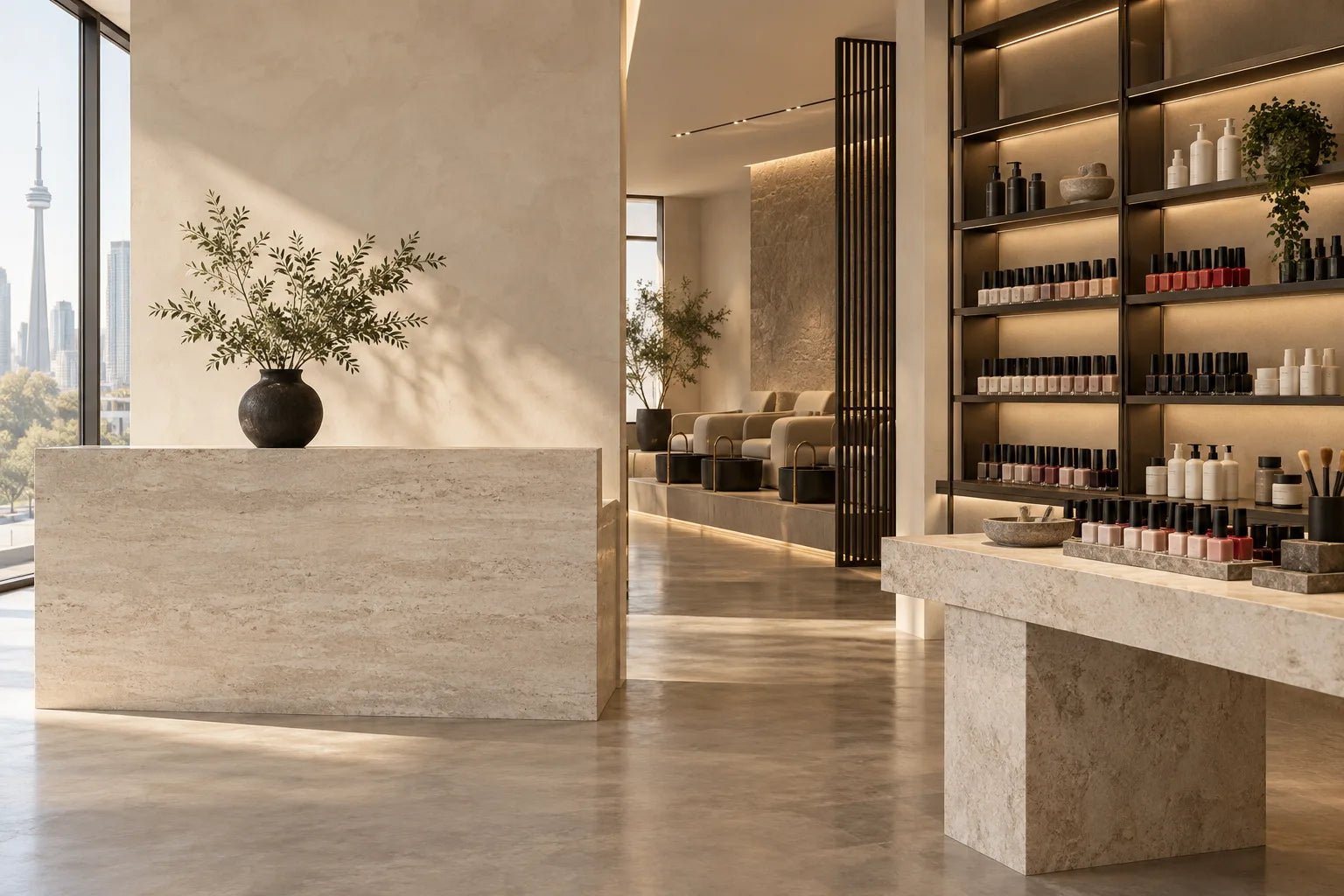 Warm modern professional beauty supply showroom